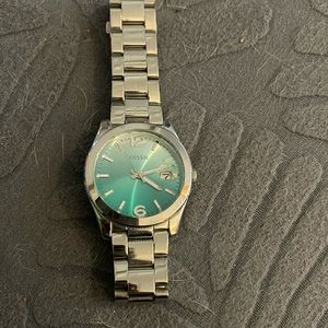 Silver Fossil watch teal face large face